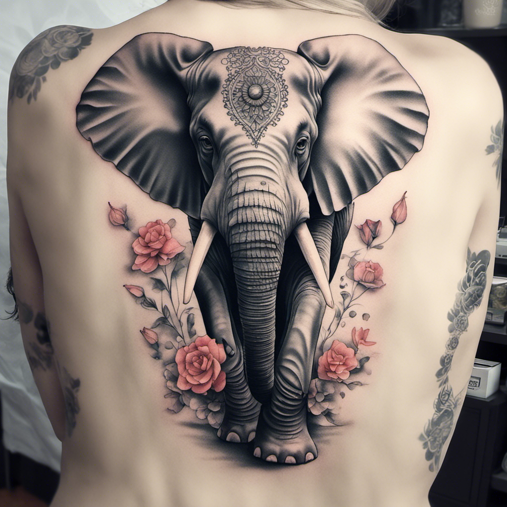 A detailed black and grey tattoo of an elephant with an ornate design on its forehead, surrounded by roses, covering a person's back.