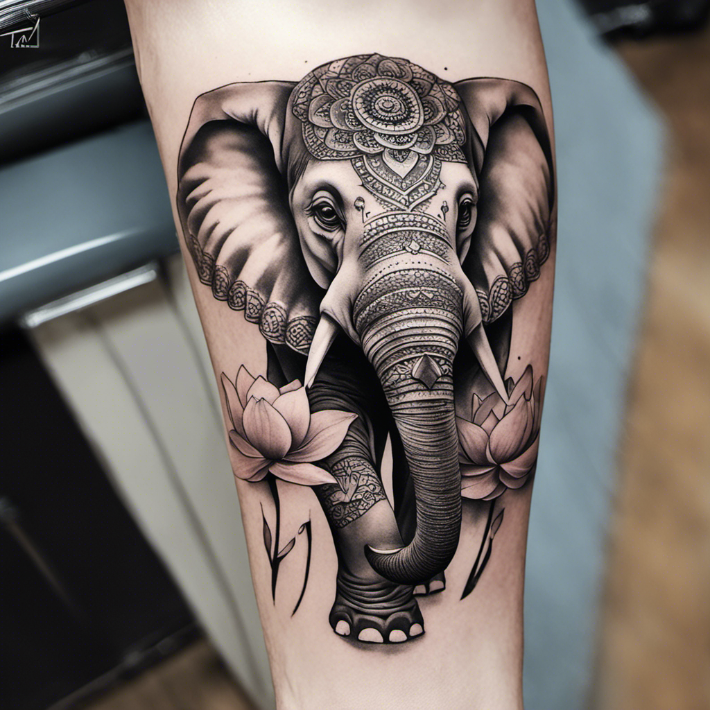 A detailed black and grey tattoo of a decorated elephant surrounded by lotus flowers on a person's thigh.