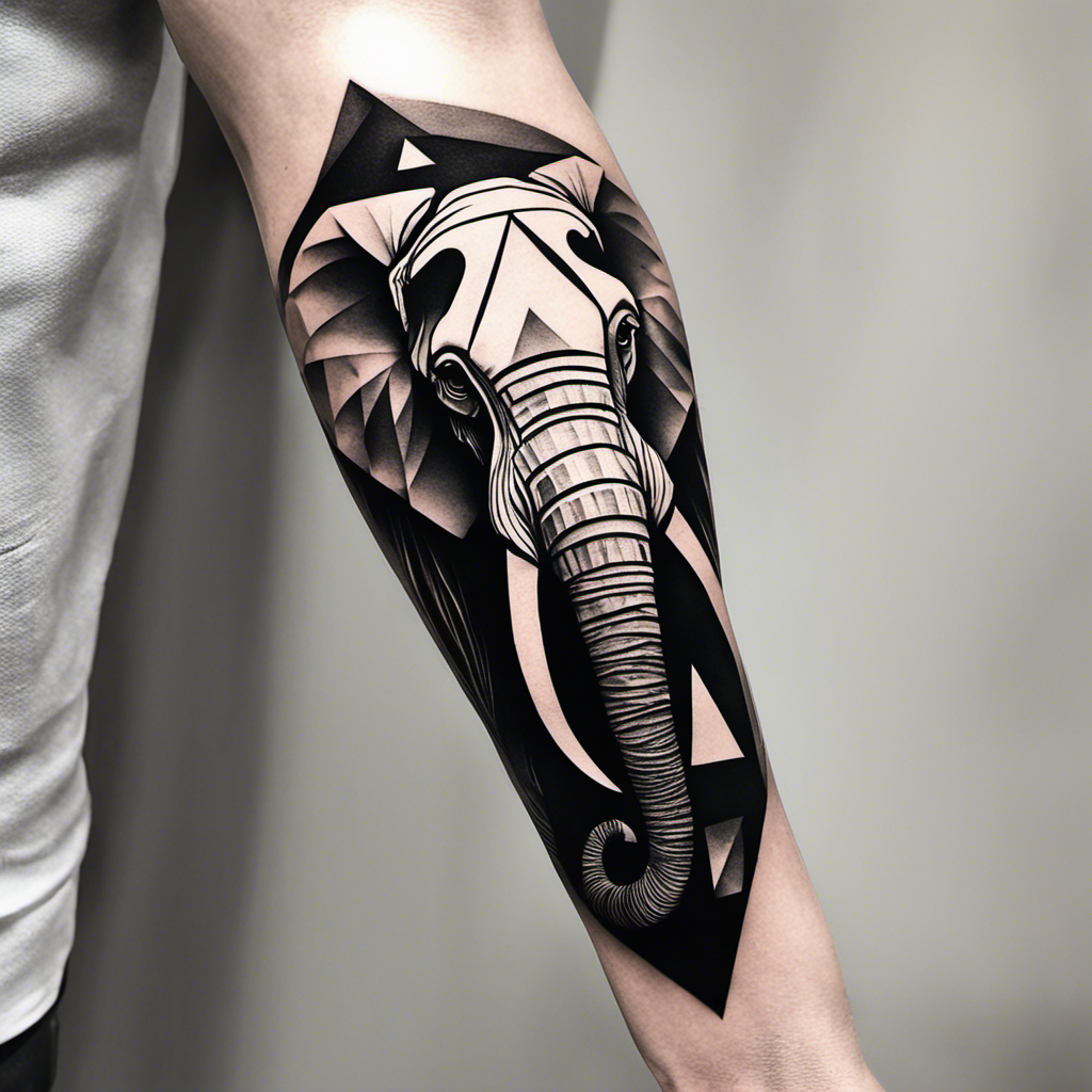 A black and white geometric tattoo of an elephant on a person's arm.