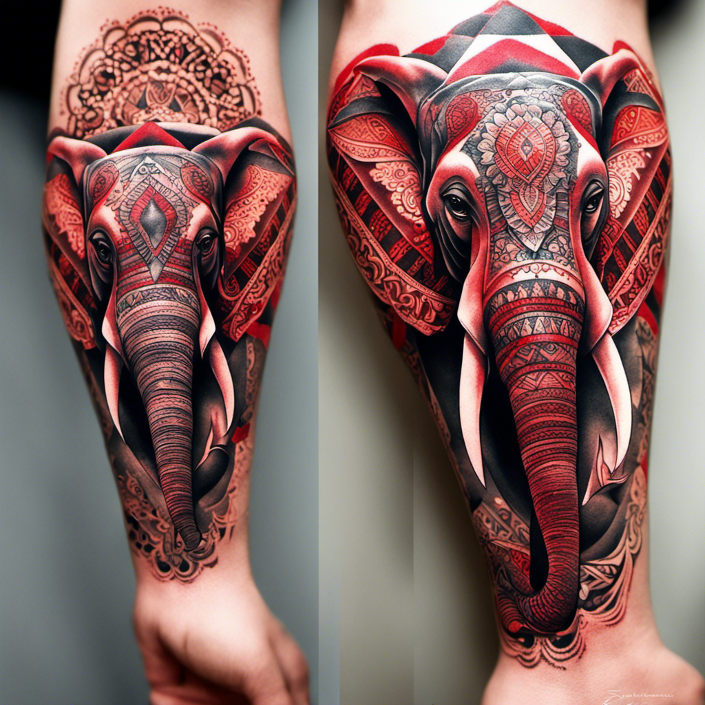 An intricate and colorful tattoo of an elephant adorned with decorative patterns covers a person's leg.