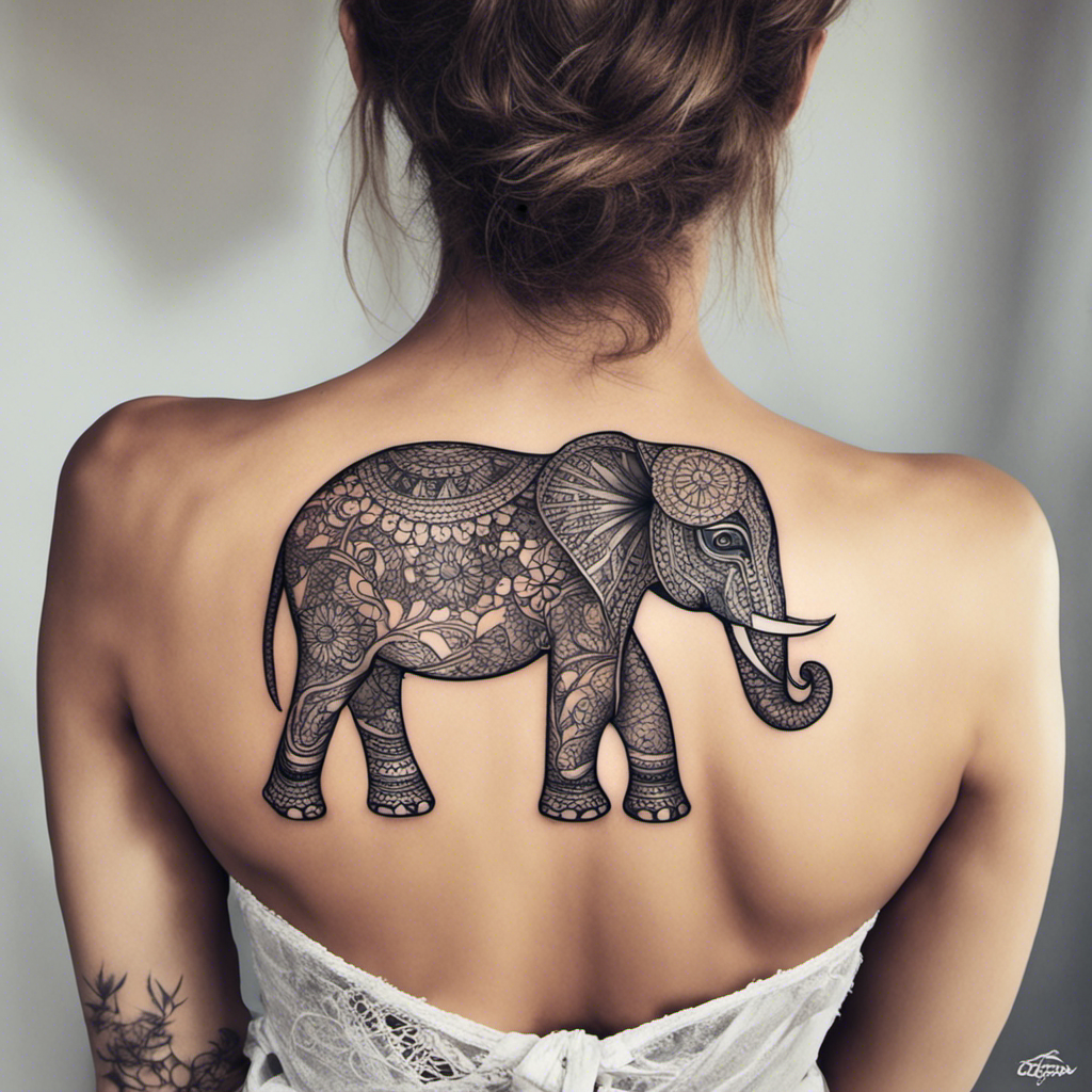 Alt text: A woman with her back turned, showcasing a large and detailed elephant tattoo covering much of her back. Her hair is up in a messy bun, and she is wearing a white lace garment with a glimpse of another tattoo on her lower back.