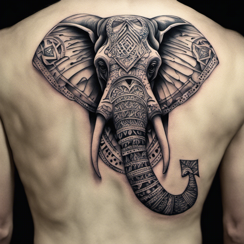 A detailed elephant tattoo covering the upper back of a person, showcasing intricate tribal patterns and designs.