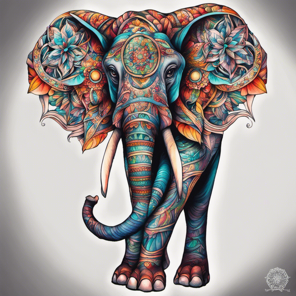 Colorful, ornately patterned elephant with mandala and floral designs, featuring vibrant hues and intricate decorations on both the animal and the floral elements surrounding it.