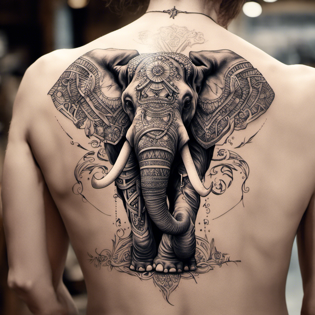 Alt text: A detailed, black-and-grey tattoo of an elephant with ornate patterns covers a person's back, with the design centered between the shoulder blades.