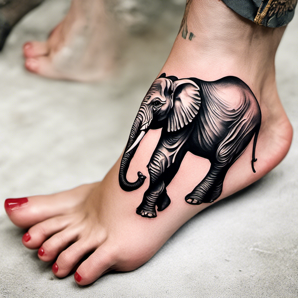 A realistic black and gray tattoo of an elephant on a person's foot, with painted red toenails visible.