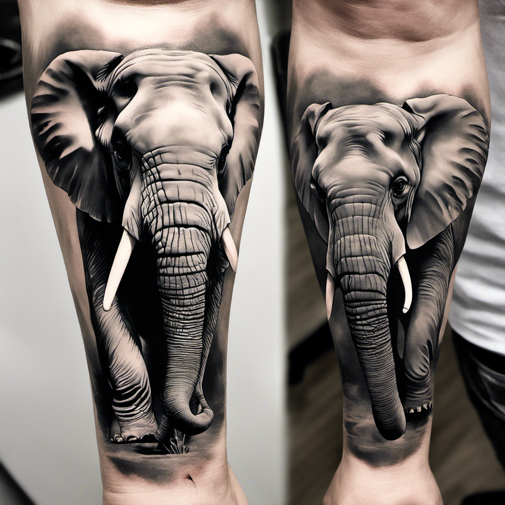 An intricately detailed black and white tattoo of an elephant's head and upper trunk on a person's arm.
