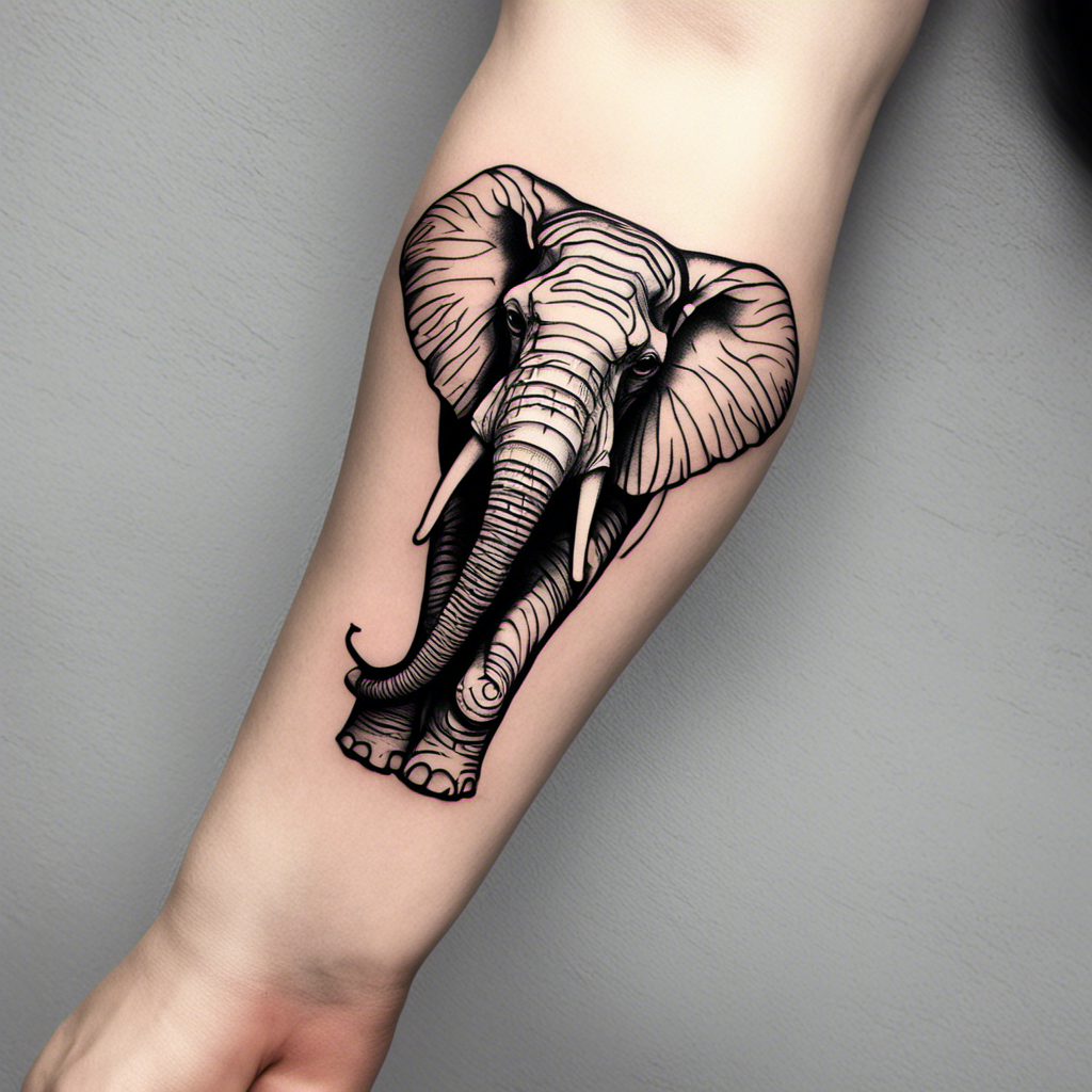 Alt text: A detailed black and white elephant tattoo inked on a person's forearm.