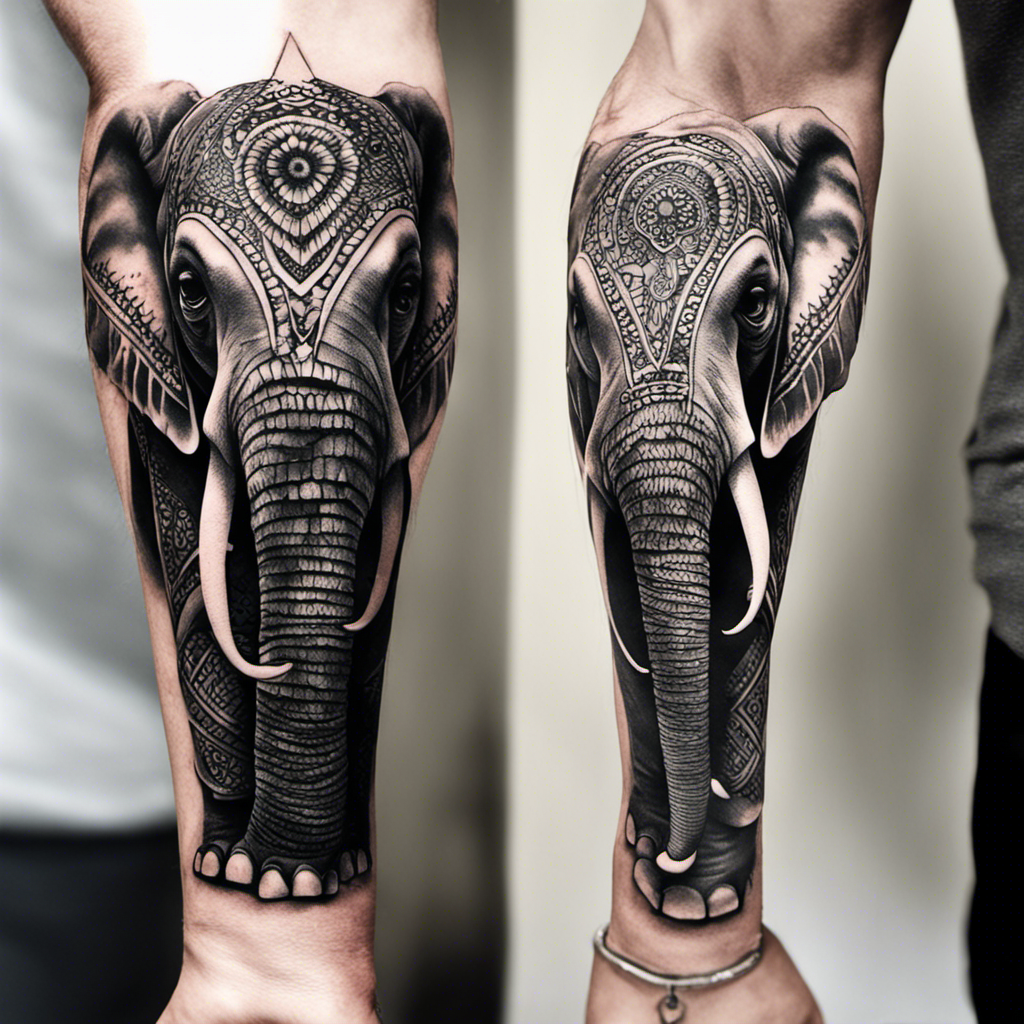 Alt text: An elaborate elephant head tattoo inked on a person's forearm, with detailed patterns filling the design.