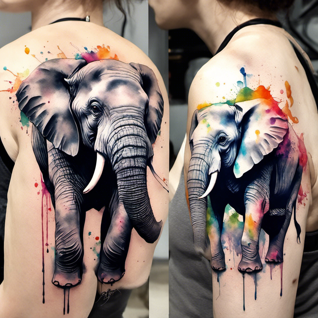 Two views of a detailed black and gray elephant tattoo with colorful watercolor splashes on a person's back.