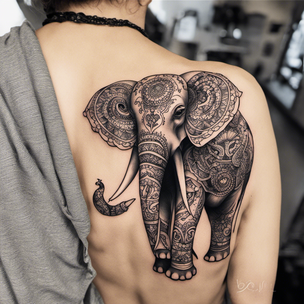 Alt text: A detailed black and white tattoo of a decorated elephant on a person's back, showcasing intricate patterns within the elephant's outline.