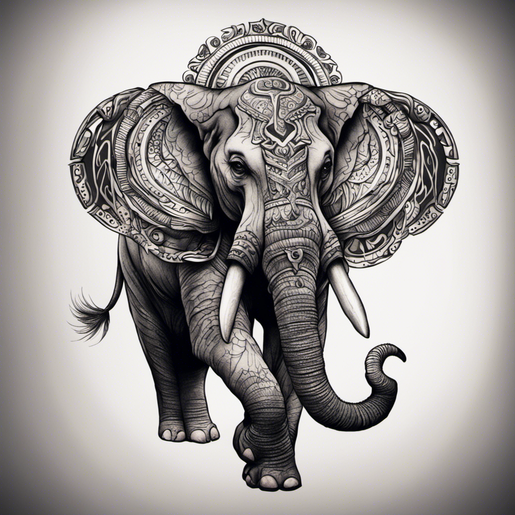 A detailed black and white illustration of an elephant with intricate patterns and designs on its body and ears.