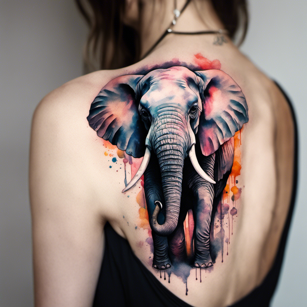 A detailed and colorful elephant tattoo on a person's back.