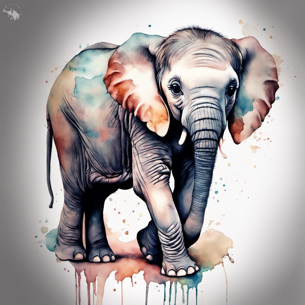 Alt text: A watercolor illustration of a young elephant with a splash of colors, prominently blues and browns, blending into the background.