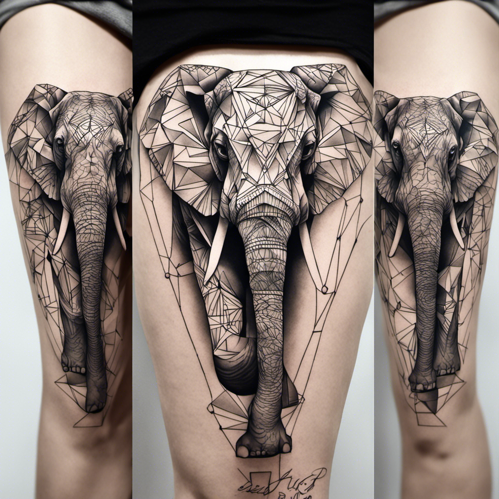 A geometric tattoo of an elephant on a person's thigh, shown from three different angles.