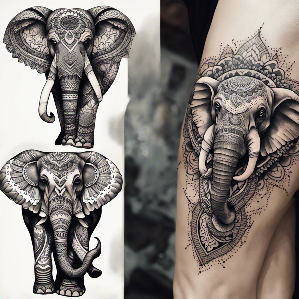 Decorative elephant tattoos with intricate patterns displayed on paper and as a tattoo on a person's arm.