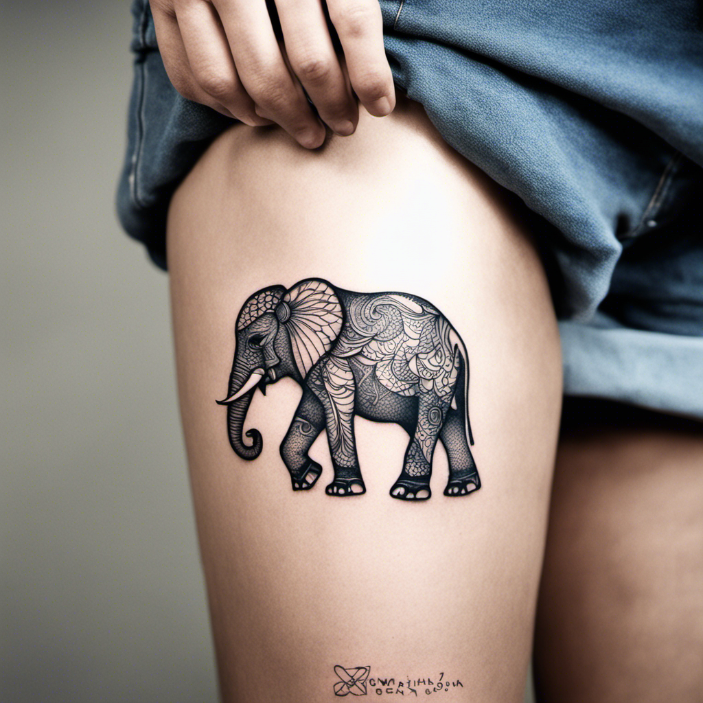 An intricately designed elephant tattoo on a person's thigh, with the person's hand resting on their hip.