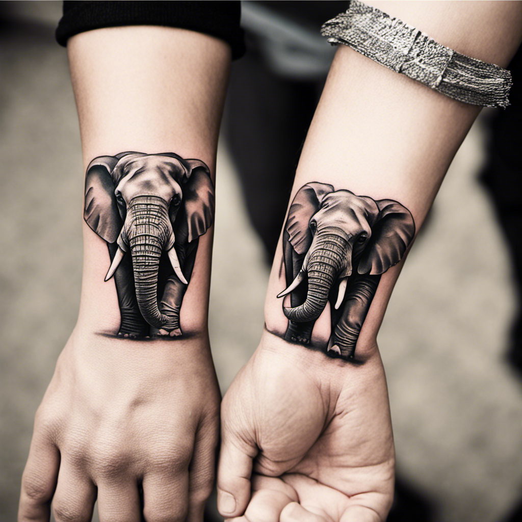 Two hands held together, each featuring a detailed elephant tattoo on the wrist.