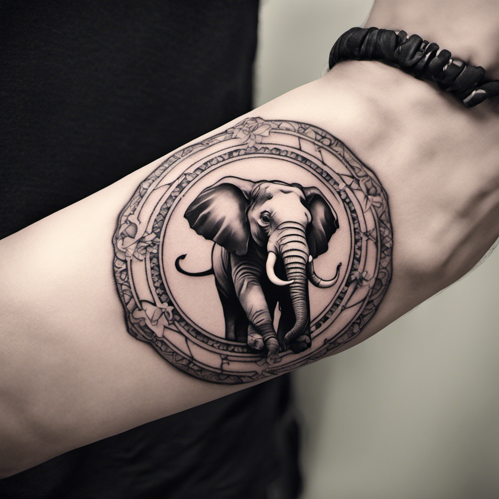 A detailed tattoo of an elephant within a circular frame on a person's upper arm.