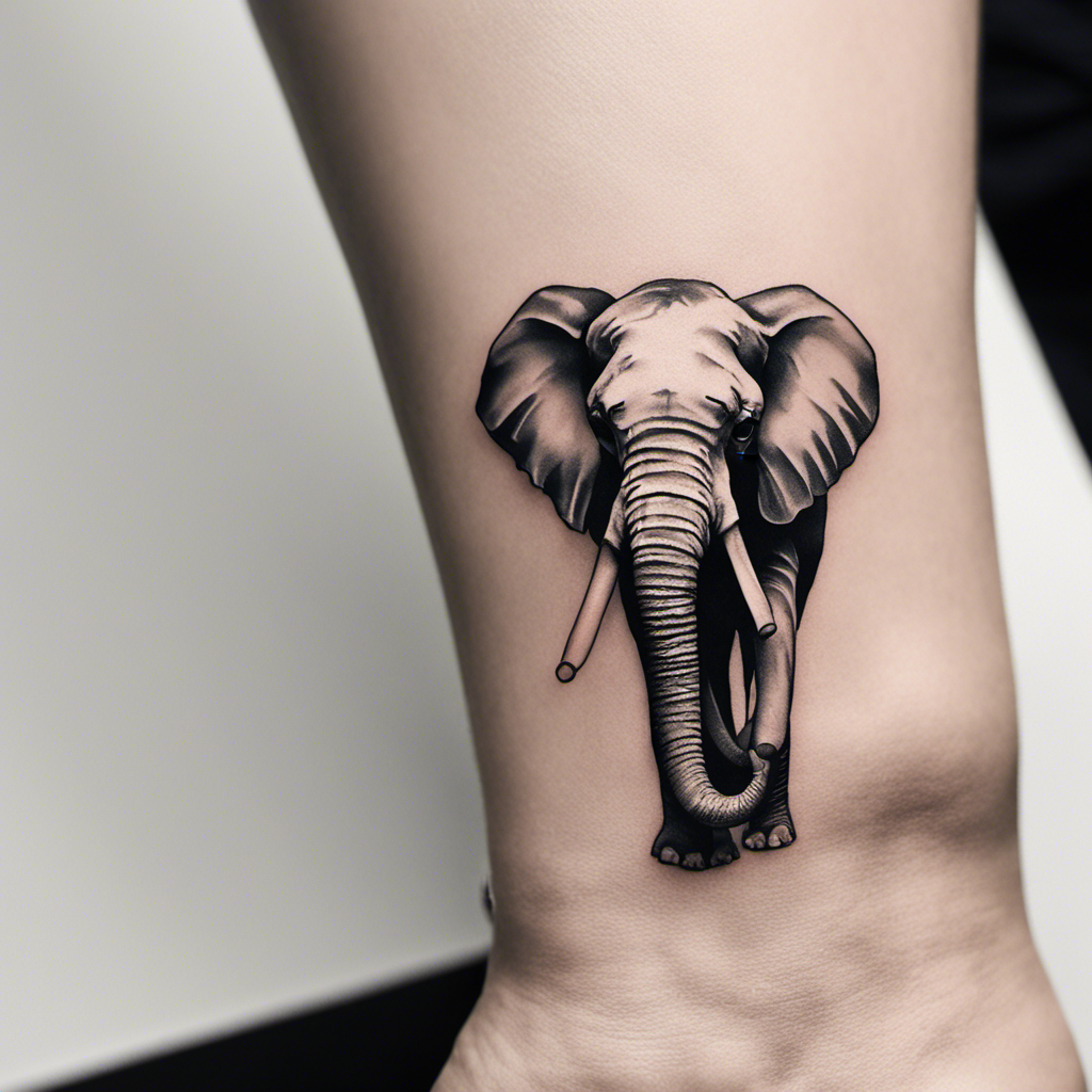 Alt text: A realistic elephant tattoo on a person's calf, showcasing the detailed shading and lifelike portrayal of the animal.