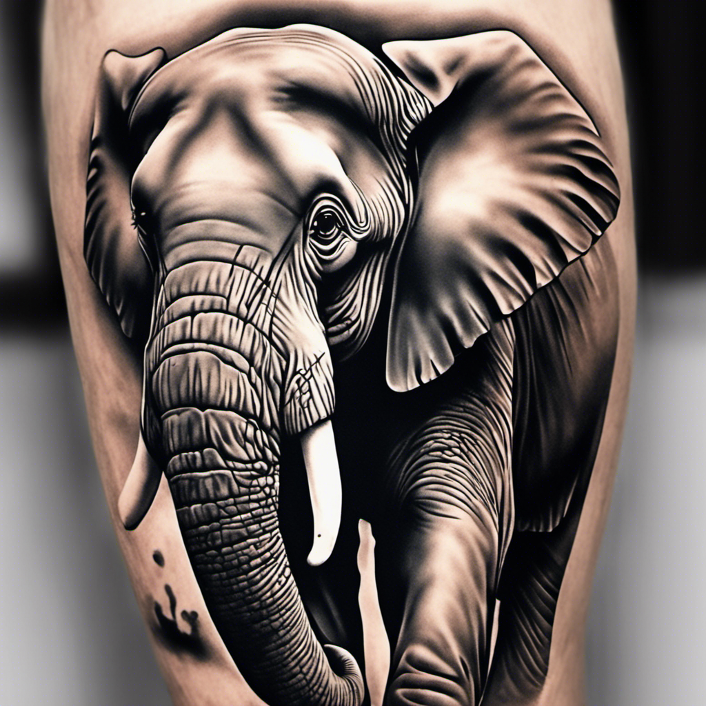 A highly detailed black and white tattoo of an elephant on a person's arm.