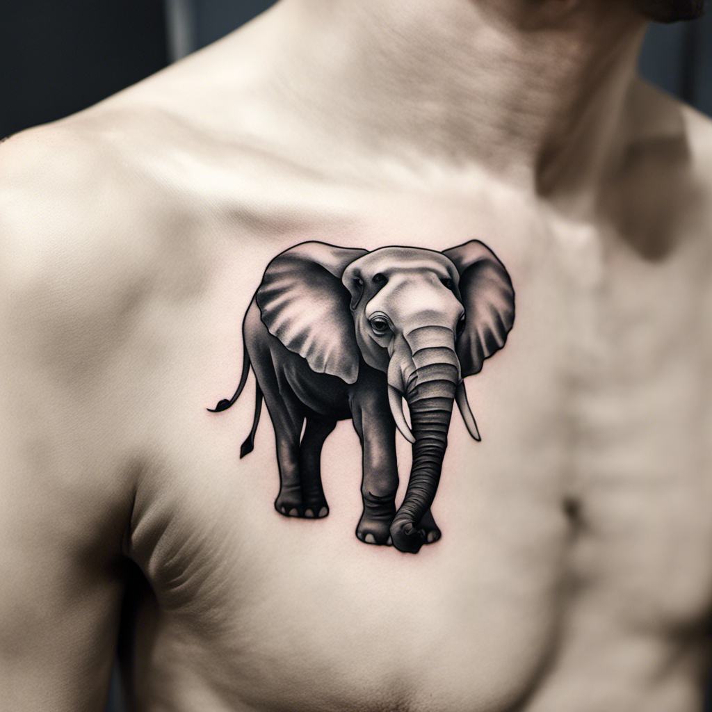 A detailed black and gray tattoo of an elephant on a person's upper back.