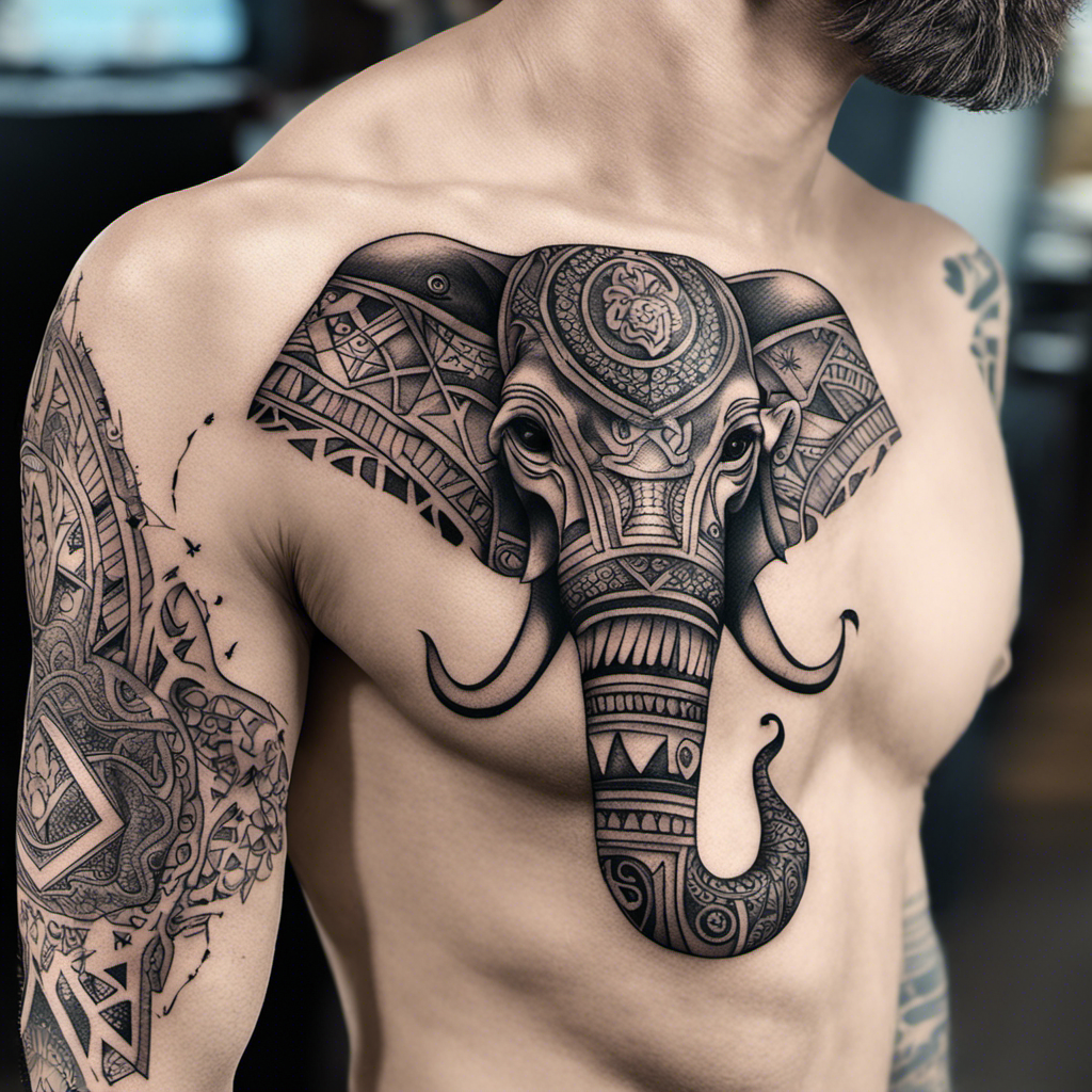 Alt text: A person's back with a detailed black and gray tattoo of an elephant covering much of the shoulder and upper back. The tattoo features intricate patterns and designs within the depiction of the elephant.