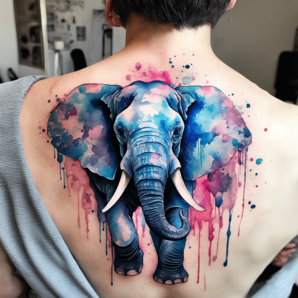 A person's back with a colorful watercolor-style tattoo of an elephant, featuring vibrant blues and pinks with dribbling paint effects.