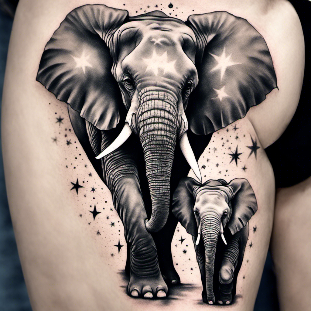 Alt text: A detailed black and gray tattoo of an adult elephant and a baby elephant, surrounded by stars, on a person's skin.