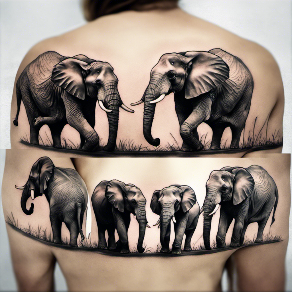 Alt text: A black and white back tattoo featuring two detailed images of elephants, one on each shoulder blade, with a continuous panoramic background of grass that wraps around the person's back.