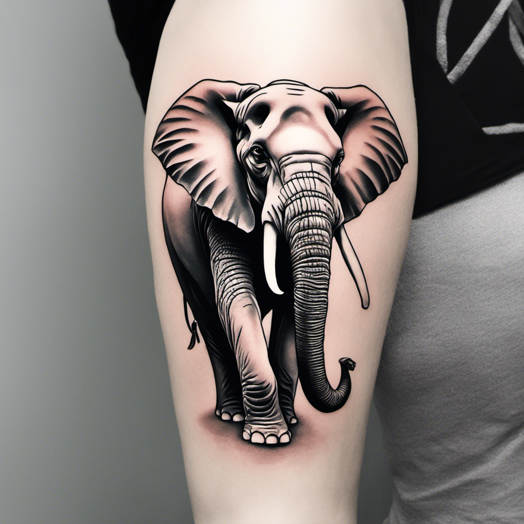 A realistic black and grey tattoo of an elephant on a person's thigh.