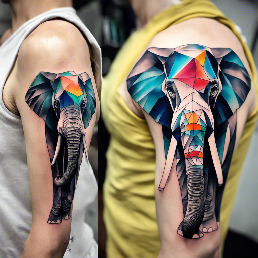 Alt text: A side-by-side comparison of a large, geometric elephant tattoo on two different people's shoulders. The tattoo features a stylized elephant head with a colorful, abstract design.