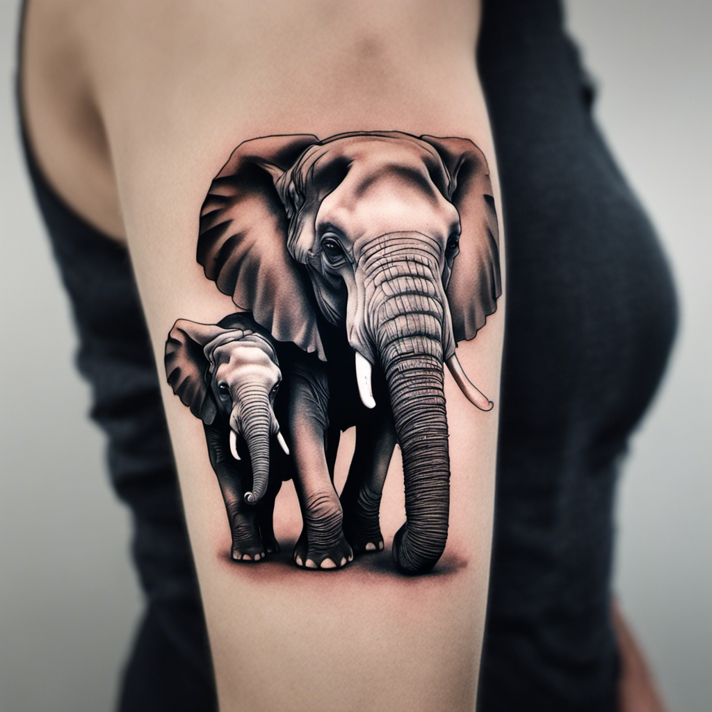 A detailed tattoo of two elephants on a person's torso, with the larger elephant in front and a smaller one behind.