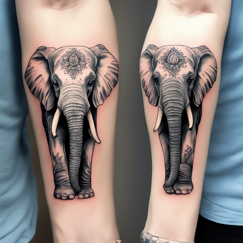 Alt text: Two realistic elephant tattoos with intricate details on human forearms, featuring a mandala on the elephants' foreheads.