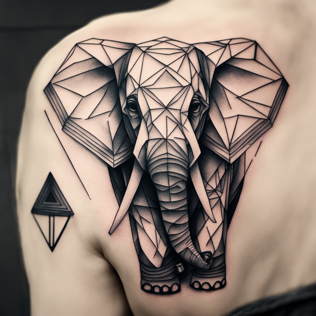 A black and white geometric elephant tattoo on a person's back.