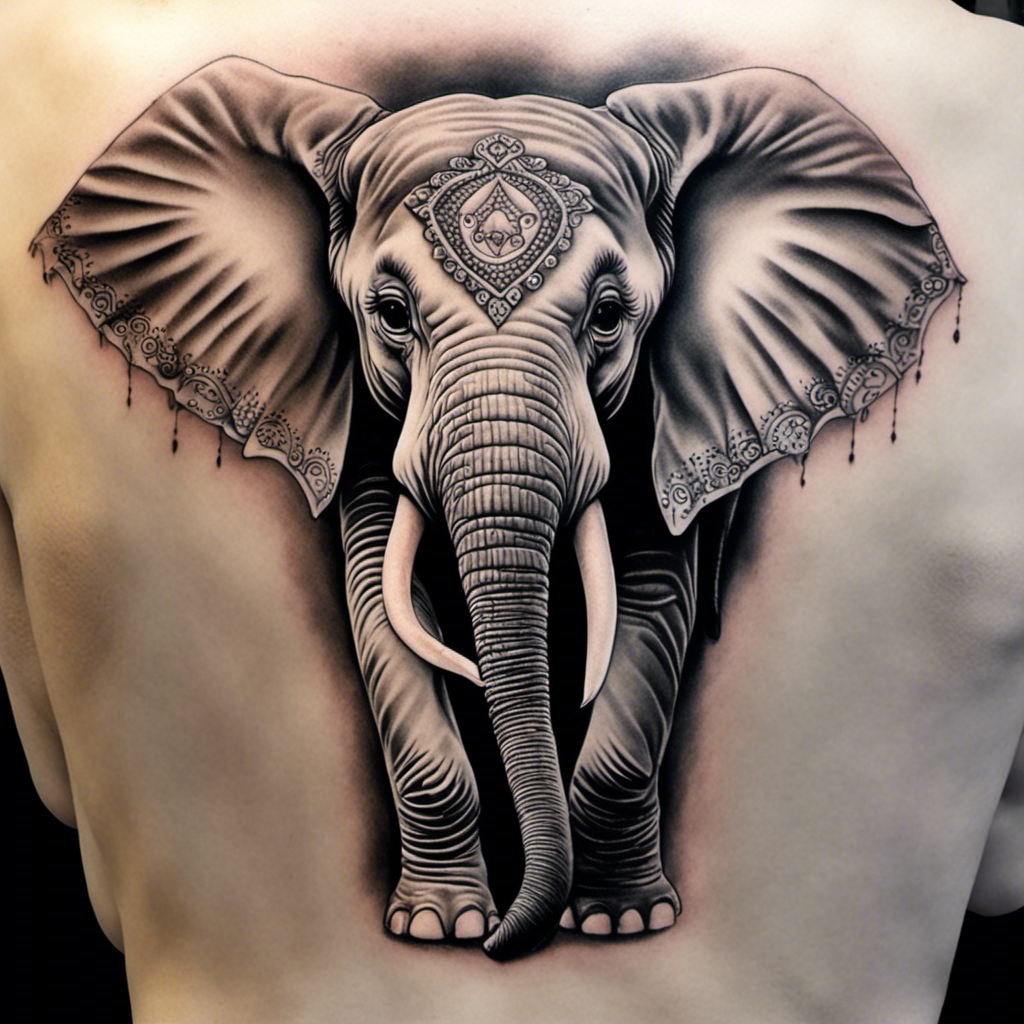 A detailed black and grey tattoo of an elephant showing its front view with decorative ears and headpiece, covering the expanse of a person's back.