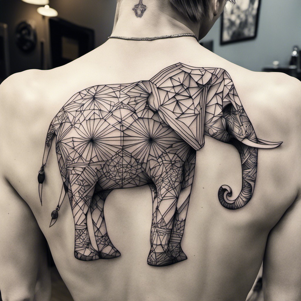 A geometric elephant tattoo covers the back of a person.