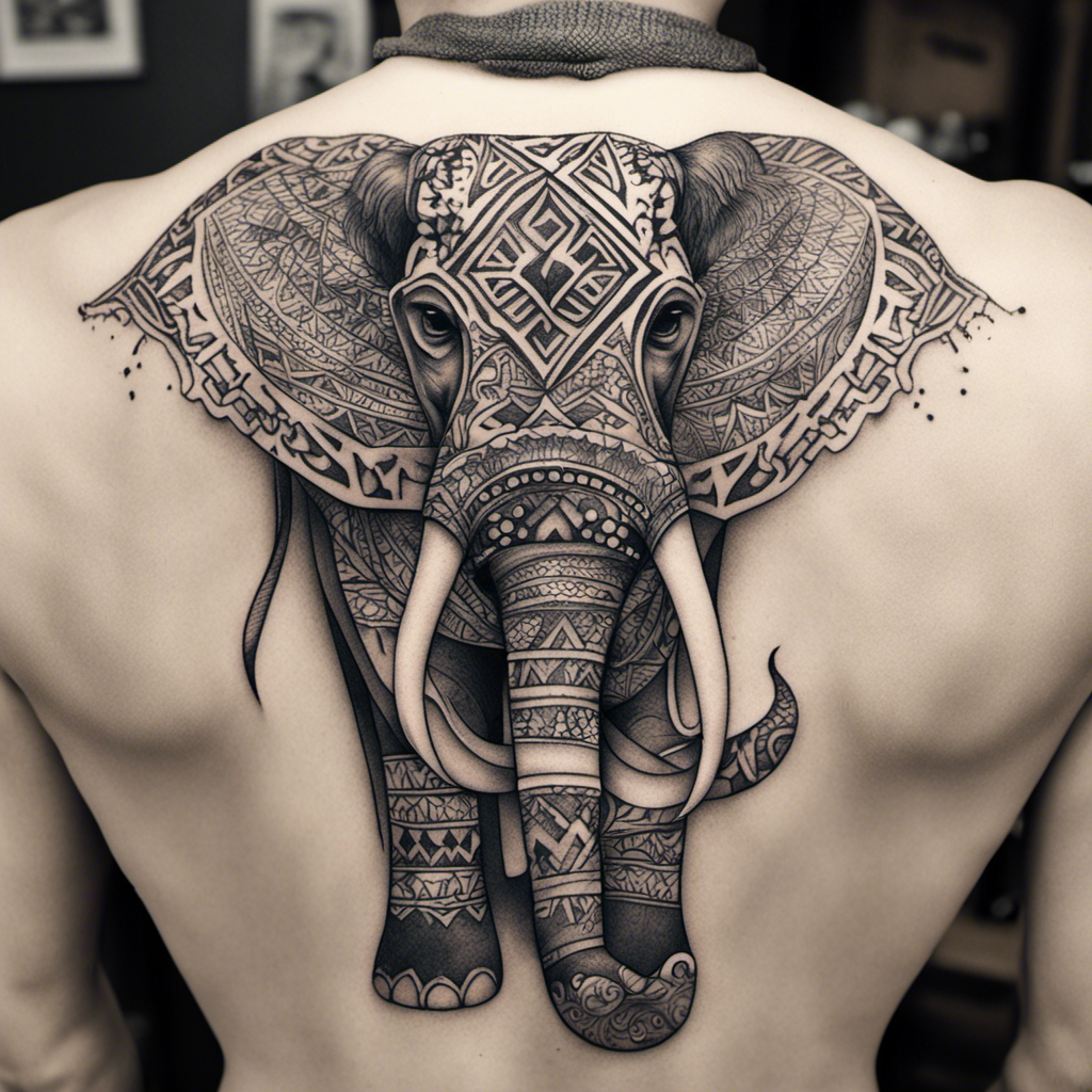 A black and white photo of an intricate elephant tattoo covering the upper back of a person. The elephant is decorated with detailed patterns and designs.