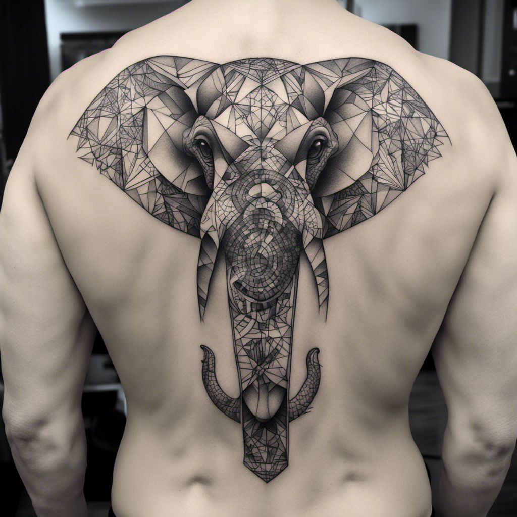 Geometric elephant tattoo covering a person's back.