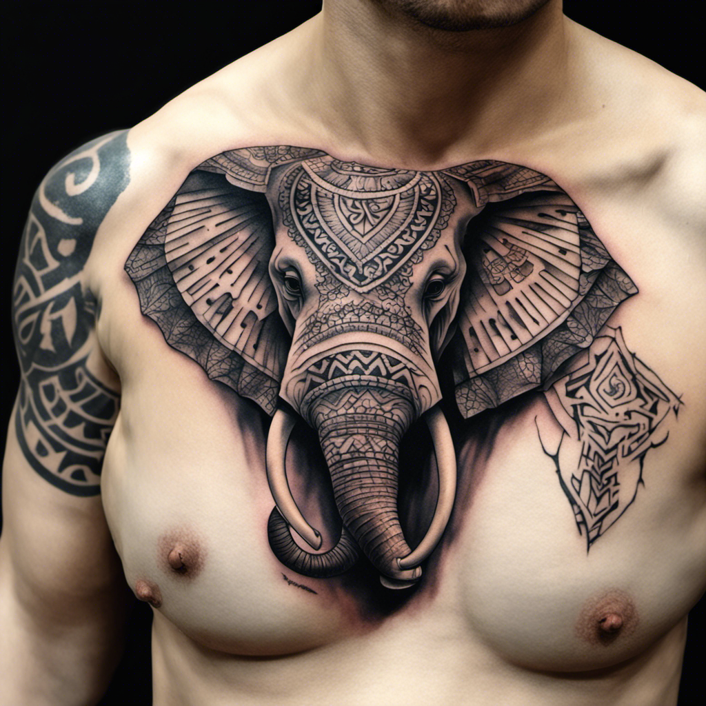An intricately detailed elephant tattoo covers a person's chest, with tribal pattern tattoos on the shoulders.