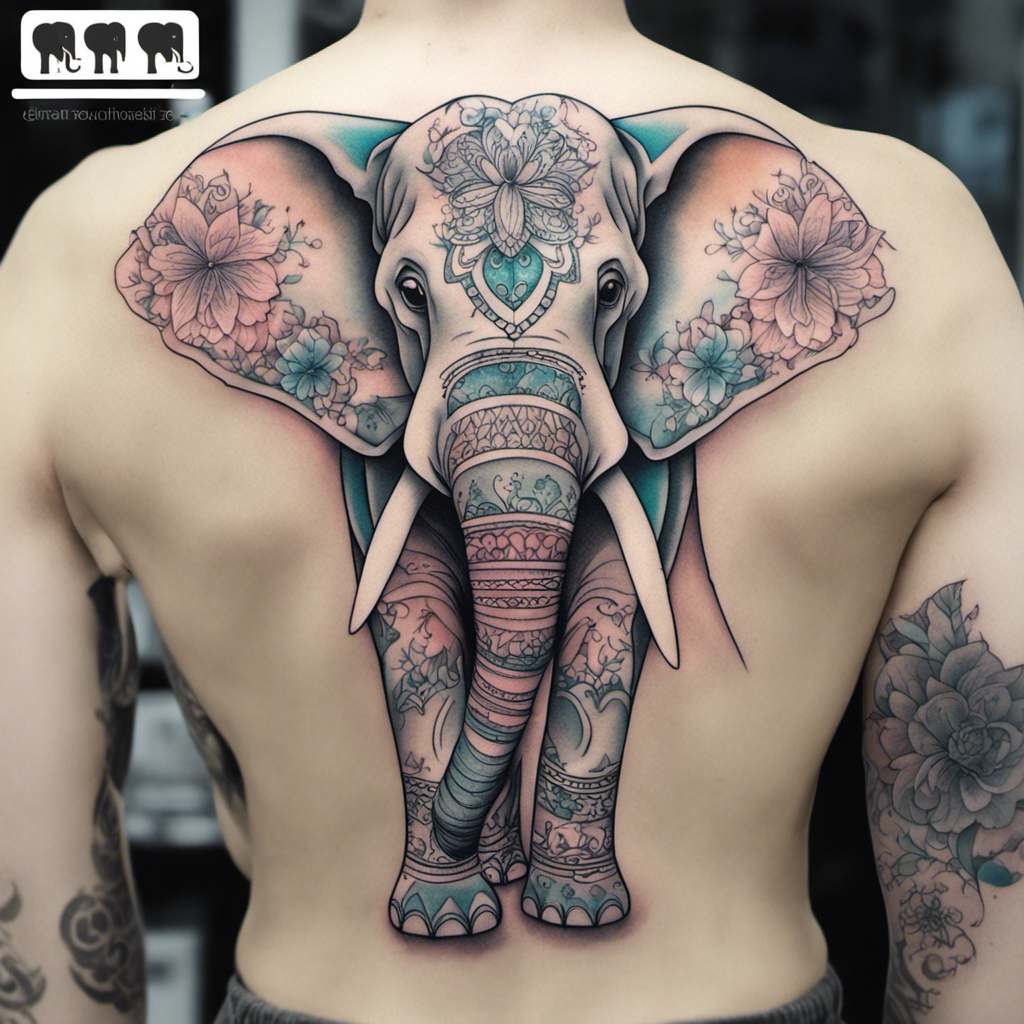 Alt text: A person's back featuring a large, ornate tattoo of an elephant head with detailed floral patterns and mandala designs. The elephant's ears extend onto the shoulders, encompassed by additional flower tattoos.