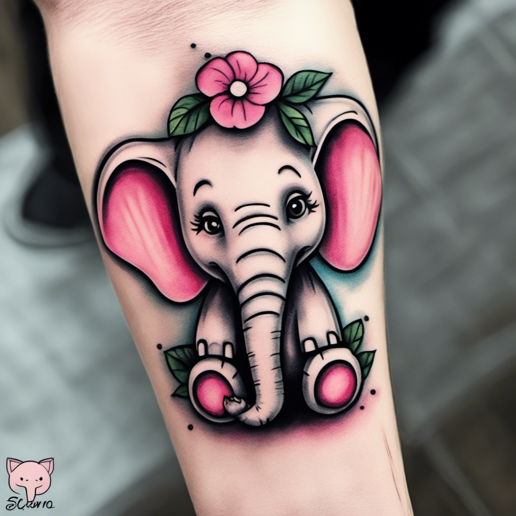 A colorful tattoo of a cute cartoon elephant with large pink ears and a pink flower on its head, inked on someone's skin.