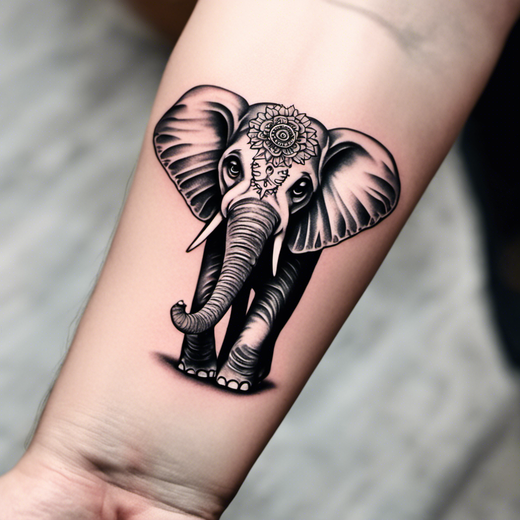A detailed black and grey tattoo of an elephant with ornate decorations on its head, displayed on a person's forearm.