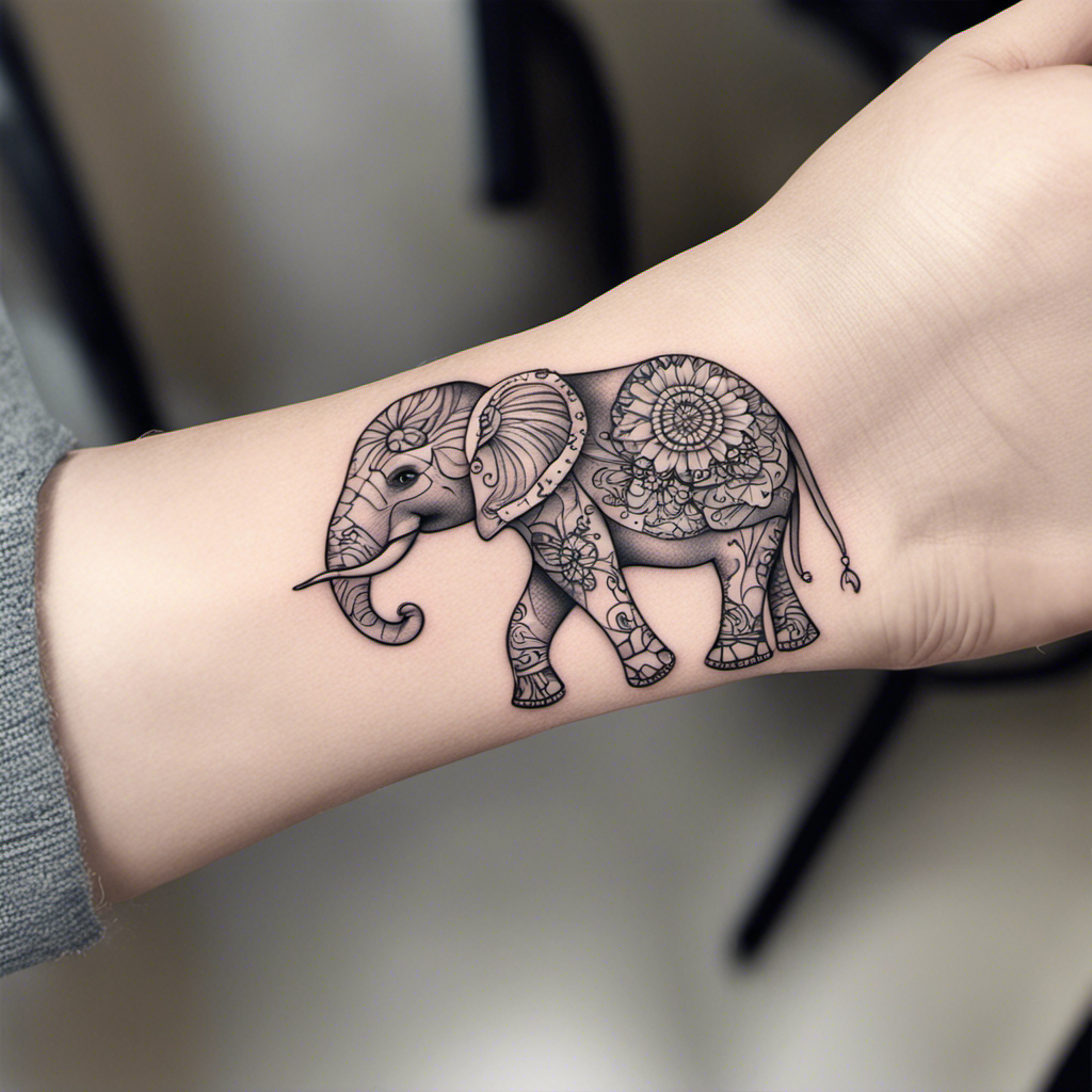 Alt text: A detailed black ink tattoo of two decorated elephants on someone's forearm. The elephants feature intricate patterns and a large flower design.