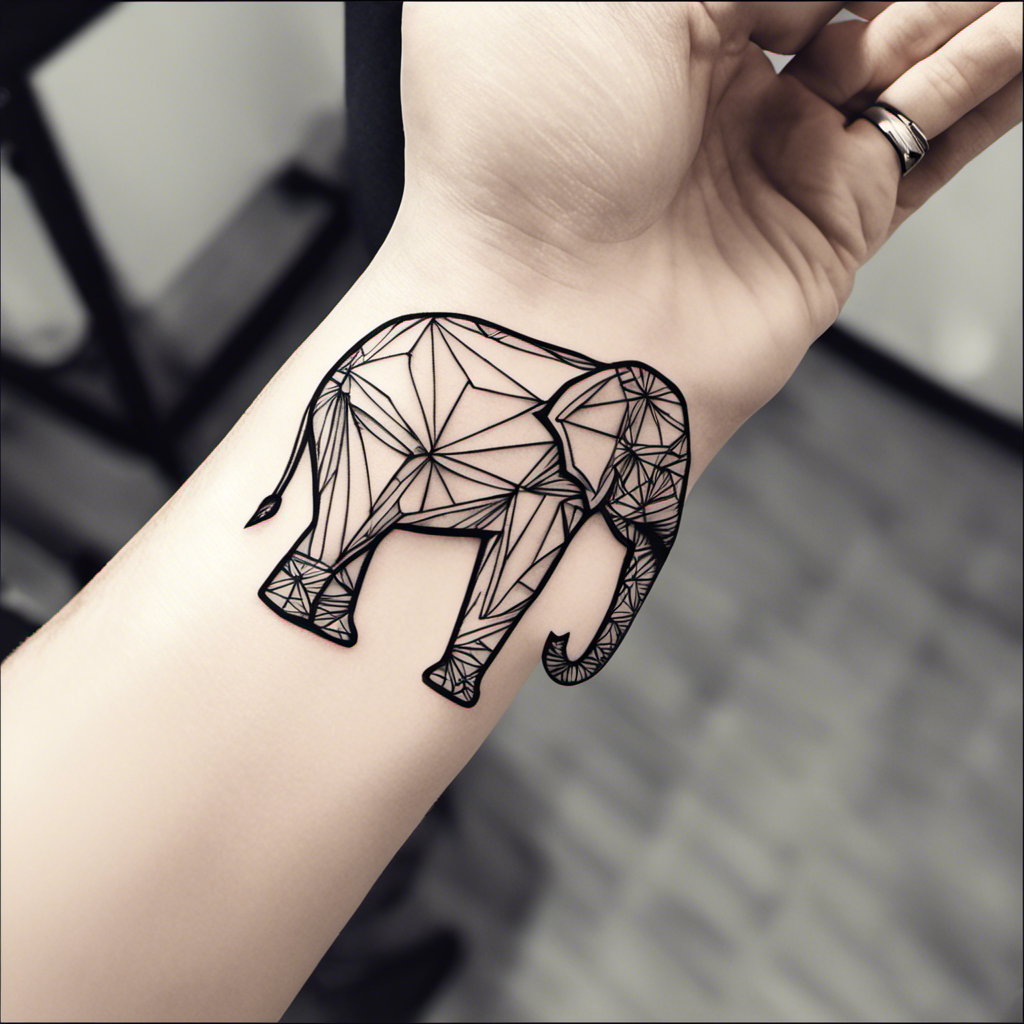 Geometric elephant tattoo on a person's forearm.