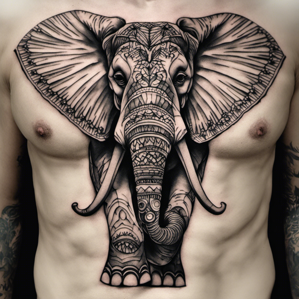 A detailed black and white tattoo of an elephant head on a person's torso, with elaborate patterns and designs on the elephant's ears, face, and trunk.