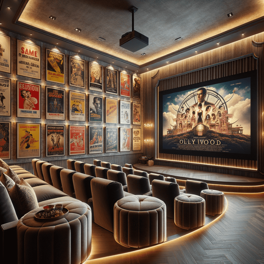 A luxurious home cinema room with plush seating and a large screen displaying a movie poster, surrounded by a variety of framed vintage movie posters on the walls.