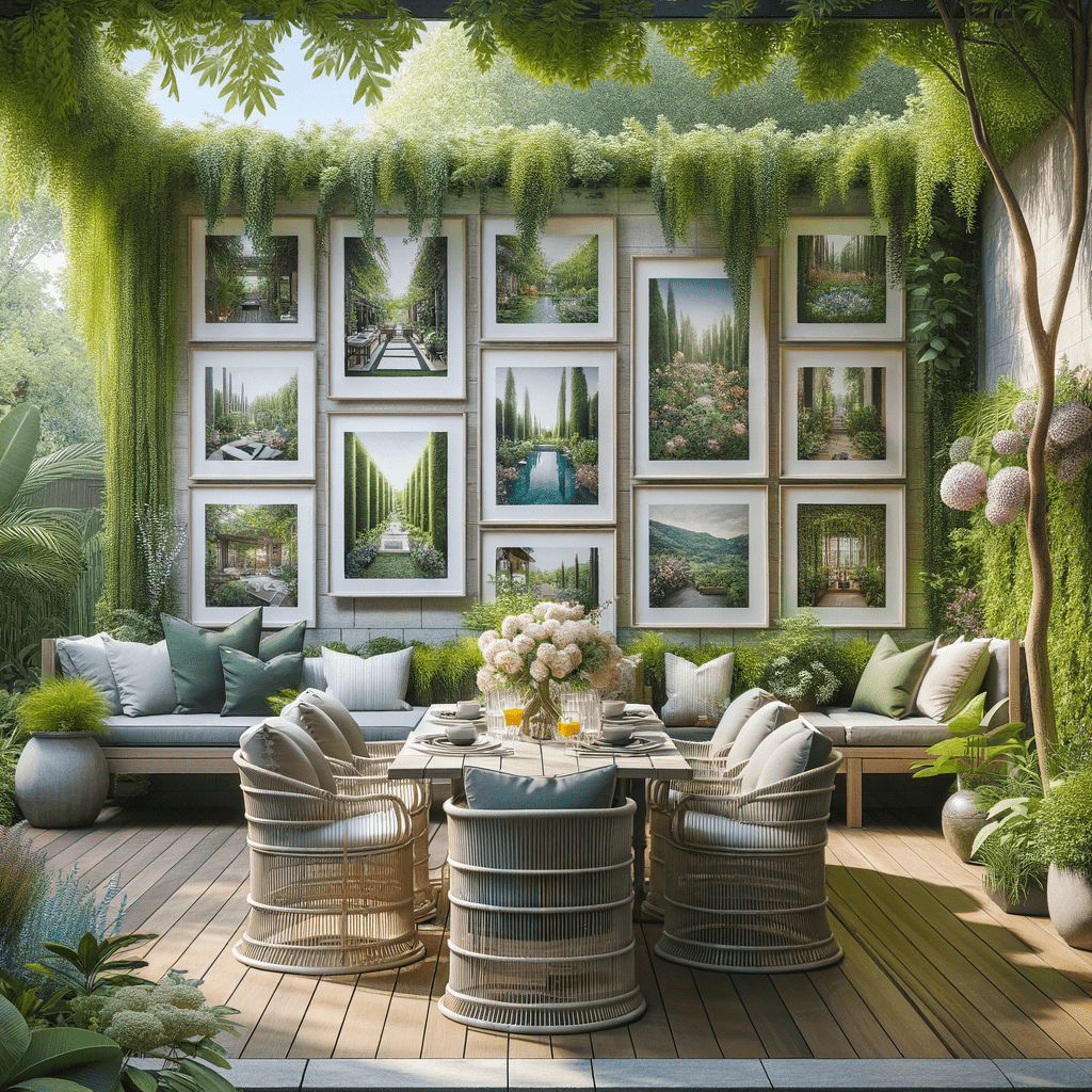 An outdoor patio area with lush greenery, featuring a wall decorated with framed landscape paintings, surrounded by comfortable seating and a dining set.