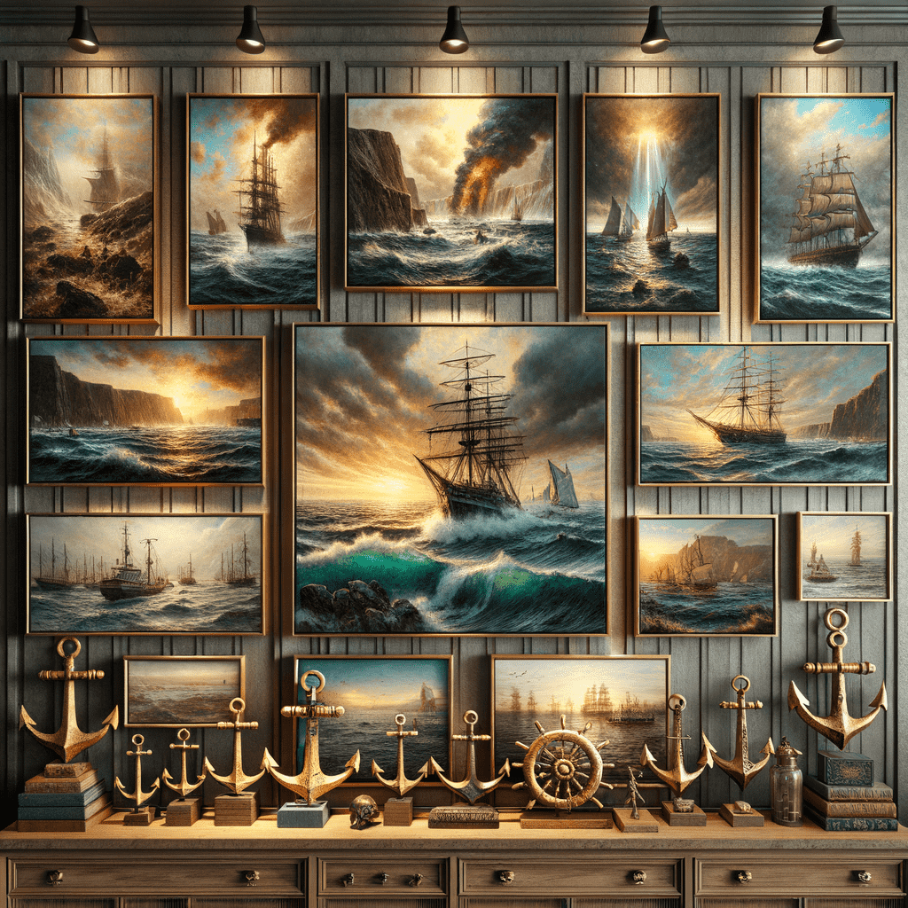Alt text: A collection of nautical-themed paintings featuring tall ships in various seascapes along with maritime ornaments like anchors, a ship's wheel, and a sextant displayed on shelves below.