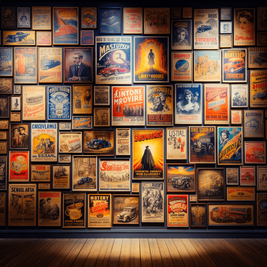 A wall covered in a variety of colorful vintage posters and advertisements with diverse designs and text, displayed in a grid pattern, illuminated under warm lighting.