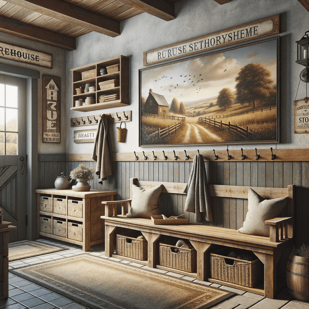 A cozy rustic entryway with wooden benches, storage baskets, wall coat hooks, and a countryside landscape painting above a beadboard wainscot. Vintage signs and decor add to the farmhouse charm.